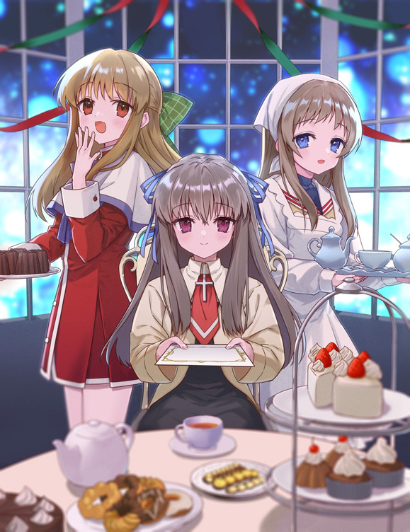 3girls :d air_(visual_novel) apron blue_eyes blue_ribbon blush bow brown_hair capelet clannad commentary_request cowboy_shot cross_print crossover cup dress food frilled_apron frills green_bow hair_between_eyes hair_bow hair_ribbon hand_to_own_mouth hand_up holding holding_paper holding_tray indoors kanon key_(company) kurata_sayuri light_brown_hair light_particles long_hair long_sleeves looking_at_viewer miyazawa_yukine miyoshino multiple_crossover multiple_girls necktie night open_mouth orange_eyes paper plaid plaid_bow red_dress red_necktie ribbon sailor_collar school_uniform short_necktie sidelocks sitting smile standing straight-on straight_hair sweets table tea teacup teapot toono_minagi tray violet_eyes white_apron white_capelet white_sailor_collar