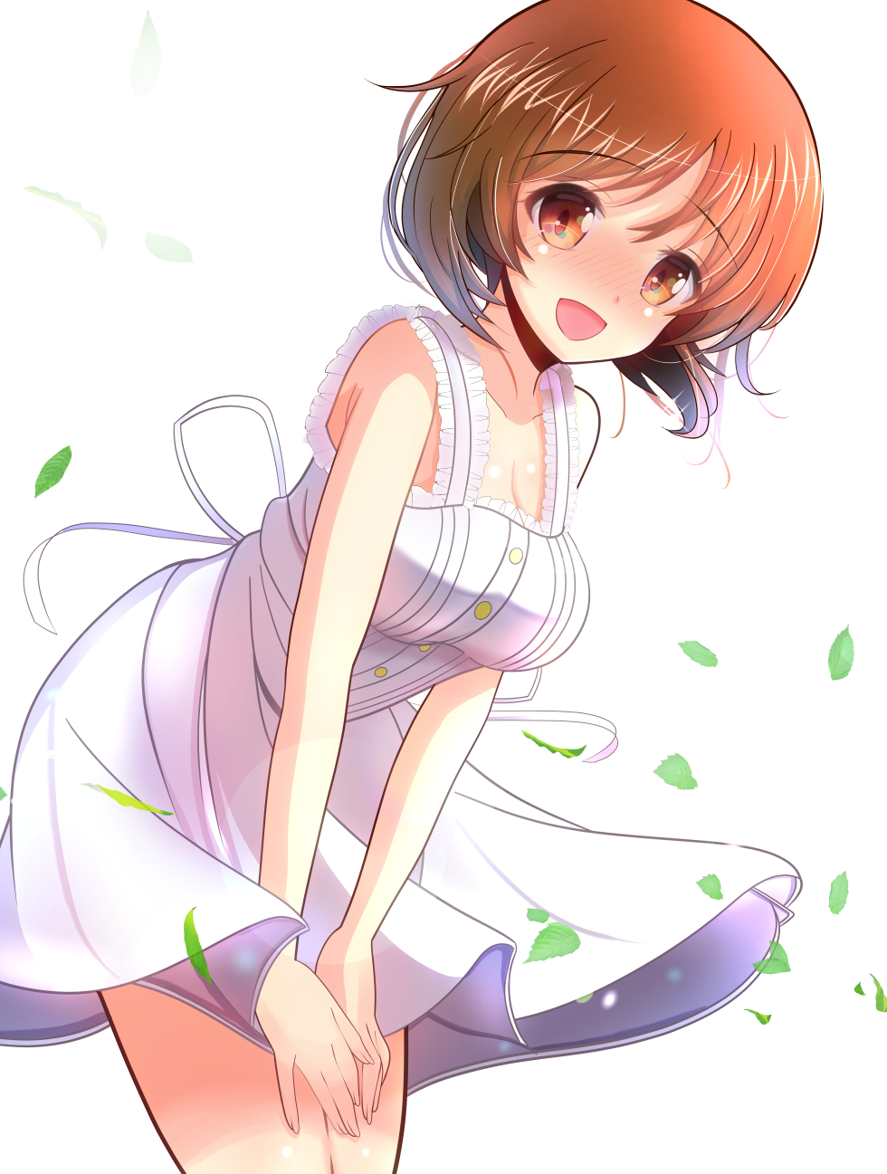 1girl blush brown_eyes brown_hair casual commentary dress dress_tug flying_sweatdrops girls_und_panzer highres kumaisao leaf leaning_forward looking_at_viewer medium_dress nishizumi_miho open_mouth short_hair simple_background sleeveless sleeveless_dress smile solo standing sundress sweatdrop white_background white_dress wind wind_lift