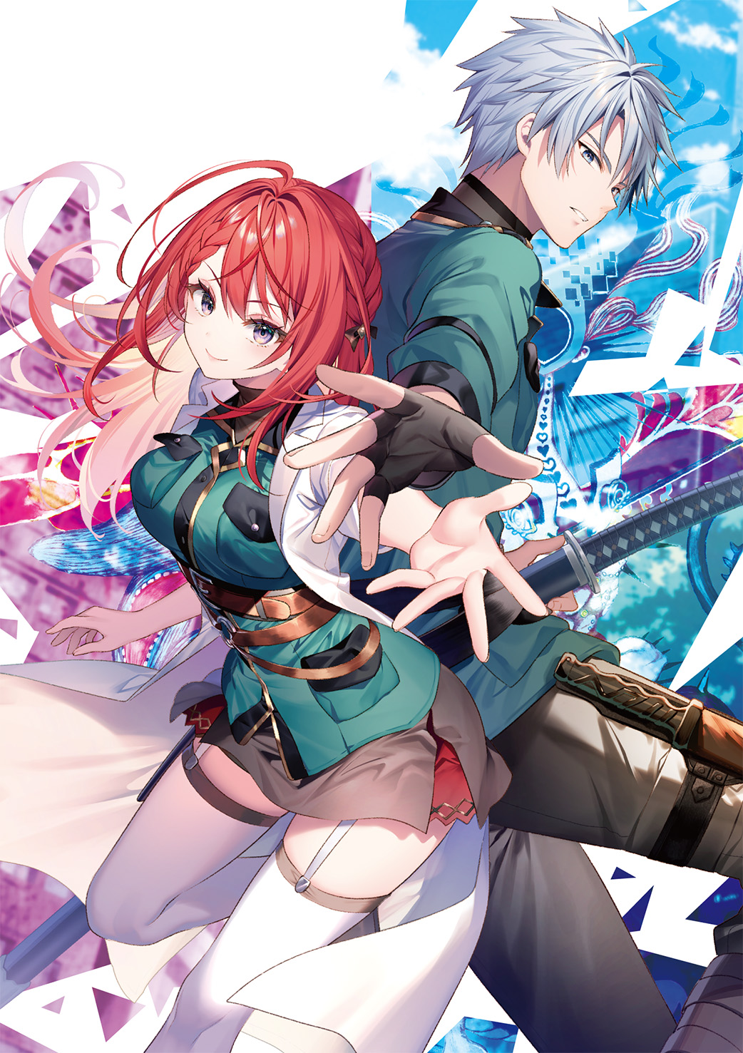 1boy 1girl ahoge azuma_yuuri back-to-back belt black_bow black_skirt bow braid breast_pocket breasts brown_belt closed_mouth coat collar collared_coat cover_image floating_clothes floating_hair garter_straps green_shirt hair_bow hand_up highres leg_up long_hair long_sleeves looking_at_viewer medium_breasts miniskirt novel_illustration official_art open_clothes open_coat outstretched_arm pocket reaching reaching_towards_viewer redhead riichu shinohara_kaguya shirt sidelocks skirt smile standing standing_on_one_leg textless_version thigh-highs v-shaped_eyebrows violet_eyes white_coat white_collar white_garter_straps white_thighhighs yuusha_shoukougun zettai_ryouiki