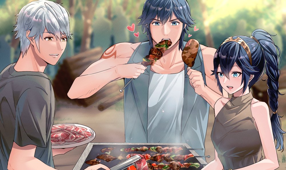 1girl 2boys alternate_hairstyle ameno_(a_meno0) arm_tattoo blue_eyes blue_hair braid braided_ponytail breasts brown_hair chrom_(fire_emblem) cooking eating father_and_daughter fire_emblem fire_emblem_awakening food forest grey_hair grill grilling long_hair lucina_(fire_emblem) meat multiple_boys nature outdoors plate robin_(fire_emblem) robin_(male)_(fire_emblem) shirt short_hair sleeveless small_breasts symbol-shaped_pupils tattoo tree wood