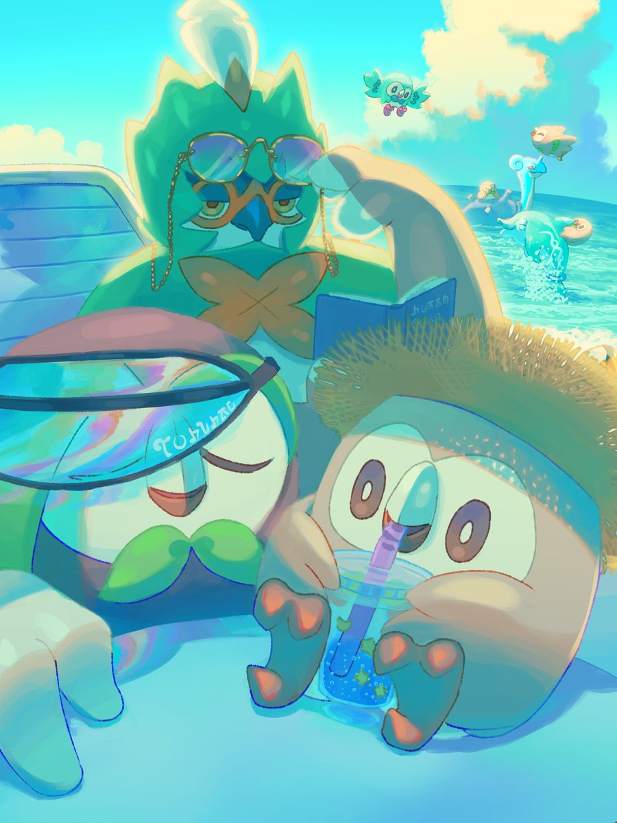 adjusting_eyewear beach book bright_pupils brown_eyes closed_eyes clouds commentary_request cup dartrix day decidueye drinking drinking_straw evolutionary_line highres holding holding_cup lapras mokukitusui no_humans outdoors pokemon pokemon_(creature) rowlet shadow sky sunglasses water