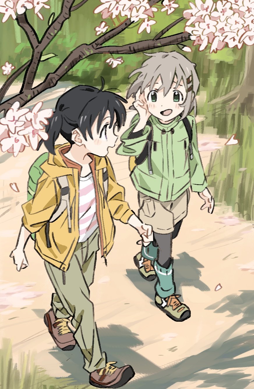 2girls backpack bag black_hair black_leggings blush cherry_blossoms day eye_contact falling_petals flask00 floating_hair from_above full_body grass green_eyes green_jacket green_pants grey_hair hair_ornament hair_tucking hairclip highres hiking hood hood_down hooded_jacket jacket kuraue_hinata layered_clothes leg_warmers leggings long_sleeves looking_at_another multiple_girls open_clothes open_jacket open_mouth orange_jacket outdoors pants petals shadow shirt shoes short_hair short_twintails sleeves_past_elbows smile sneakers striped striped_shirt tree twintails walking yama_no_susume yellow_jacket yukimura_aoi