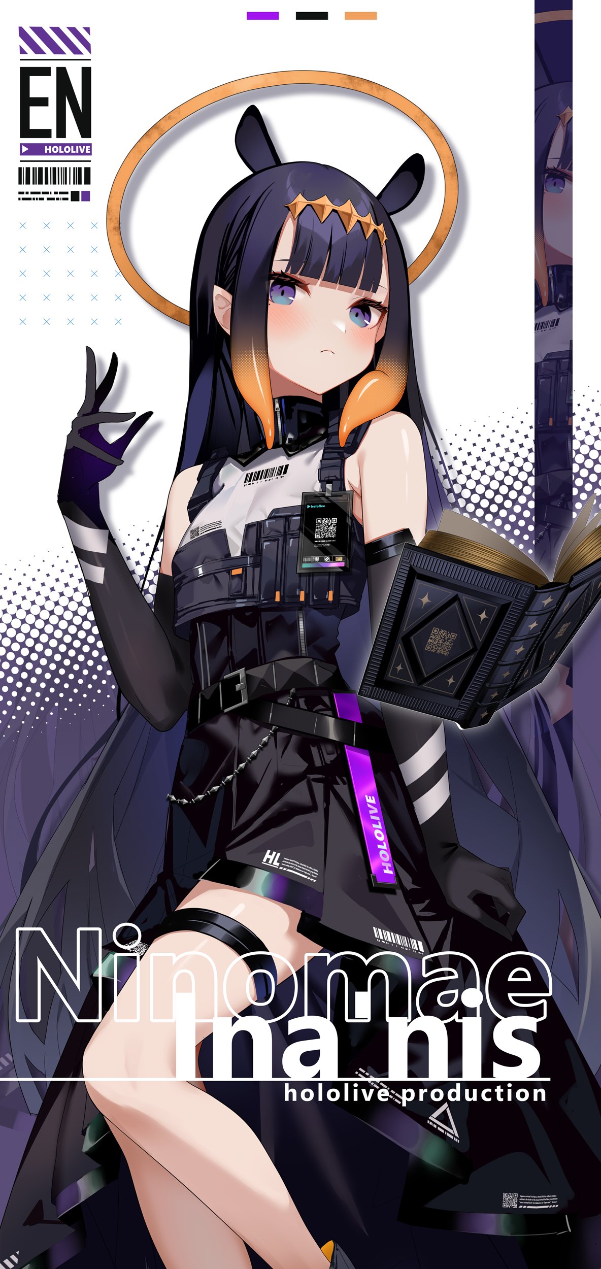 1girl absurdres alternate_costume black_gloves blush book character_name elbow_gloves flat_chest floating floating_book floating_object gloves halo headdress highres hololive hololive_english ishihara_(kuniyoshi) long_hair looking_at_viewer mixed-language_commentary ninomae_ina'nis open_book purple_hair qr_code solo tentacle_hair thigh_strap very_long_hair violet_eyes virtual_youtuber