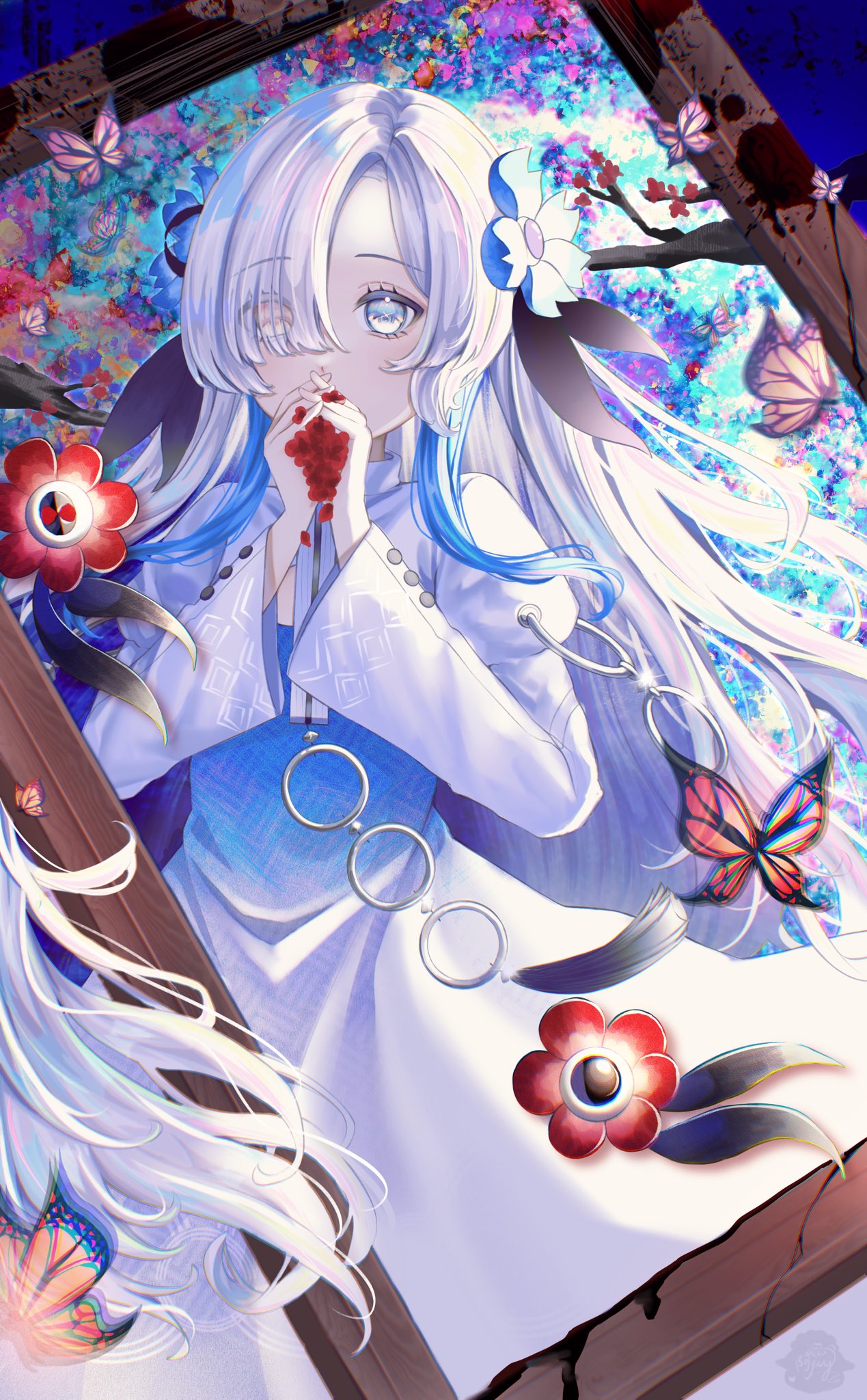 1girl abstract_background blood blood_stain blue_dress blue_hair branch bug butterfly creature dress familiar flower grey_eyes hair_flower hair_ornament hair_over_one_eye highres isekai_joucho kamitsubaki_studio long_hair long_sleeves multicolored_hair own_hands_together picture_frame solo two-tone_dress two-tone_hair upper_body virtual_youtuber white_dress white_hair yang_yang030