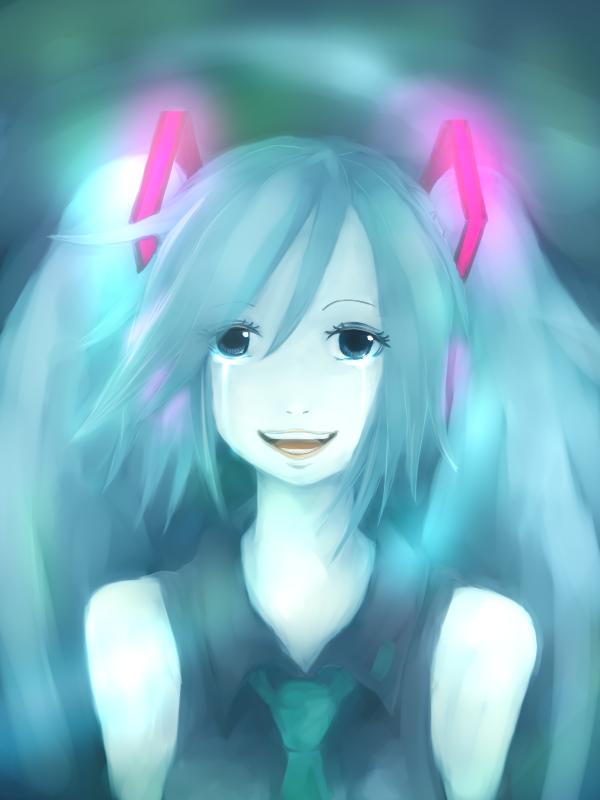 1girl aqua_eyes aqua_hair aqua_necktie artist_request crying crying_with_eyes_open happy happy_tears hatsune_miku headphones long_hair looking_at_viewer necktie non-web_source open_mouth pale_skin piapro shirt sleeveless sleeveless_shirt smile solo streaming_tears tears upper_body very_long_hair