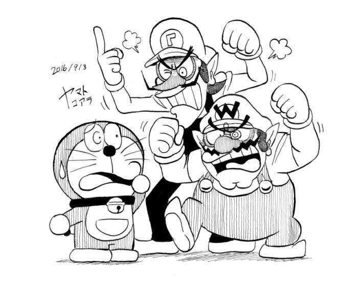 3boys =3 bell big_nose buttons cabbie_hat clenched_hands clenched_teeth collar commentary_request dated doraemon doraemon_(character) facial_hair foot_up frown gloves greyscale hand_ball hand_to_own_mouth hands_up hat height_difference jingle_bell koaraymt letter long_sleeves monochrome motion_lines multiple_boys mustache open_mouth overalls pointing pointy_ears pointy_footwear shadow shirt short_hair signature super_mario_bros. sweatdrop teeth thick_eyebrows upper_teeth_only v-shaped_eyebrows waluigi wario whiskers wide-eyed