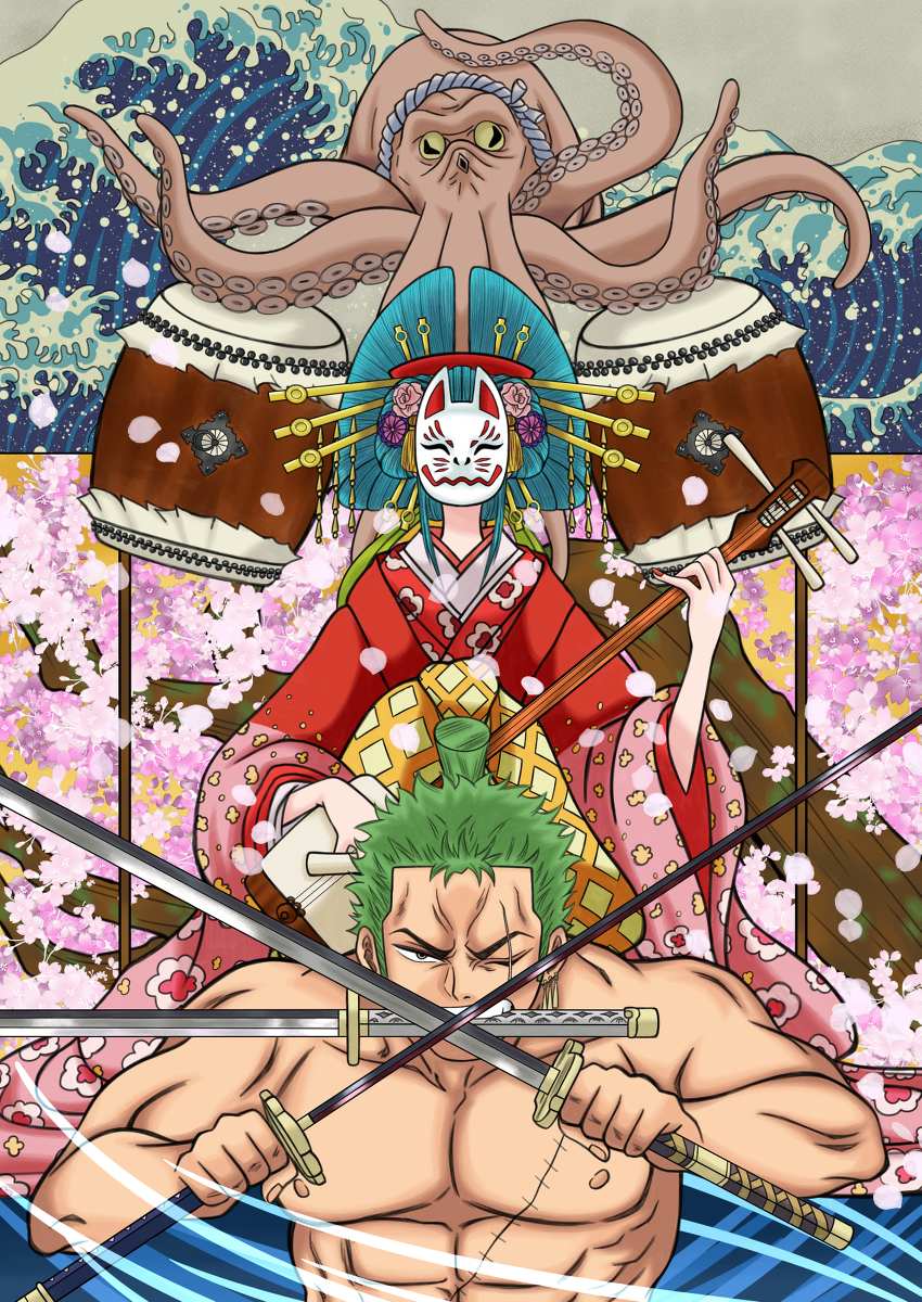 1boy 1girl animal aqua_hair flower fox_mask gat-gmlrud green_hair hair_flower hair_ornament highres holding holding_instrument holding_weapon instrument japanese_clothes jewelry katana kouzuki_hiyori long_hair looking_at_viewer mask mouth_hold music octopus oiran one_eye_closed one_piece playing_instrument roronoa_zoro scar scar_across_eye scar_on_chest scar_on_face shamisen short_hair sword teeth topknot topless_male traditional_clothes weapon