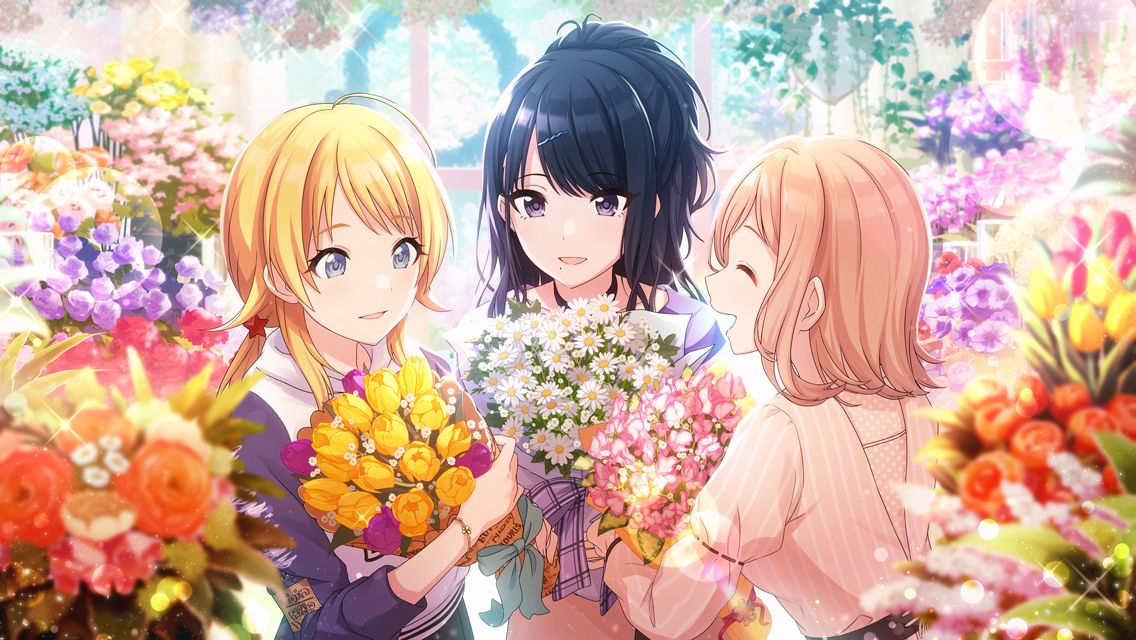 3girls ahoge belt black_hair blonde_hair blue_eyes blurry blurry_foreground bouquet bracelet choker closed_eyes daisy day flower game_cg grey_sleeves hachimiya_meguru hair_flaps hair_ornament hairclip half_updo holding holding_bouquet hood hoodie idolmaster idolmaster_shiny_colors illumination_stars_(idolmaster) jewelry juliet_sleeves kazano_hiori light_brown_hair light_particles long_sleeves looking_at_flowers low_twintails medium_hair mole mole_under_mouth multiple_girls official_art orange_flower orange_rose orchid outdoors parted_lips pink_shirt ponytail profile puffy_sleeves purple_shirt rose sakuragi_mano shirt sidelocks smile sparkle star_(symbol) star_hair_ornament striped twintails upper_body vertical_stripes violet_eyes