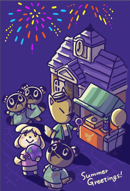 animal_crossing animal_ears animal_nose arm_up artist_request balloon black_pants blush brick brothers brown_headwear brown_shorts brown_skirt building buttons clock closed_eyes dog dog_ears dog_tail fireworks foot_up fox fox_ears fox_tail furry furry_male furry_with_furry ginkgo_leaf green_jacket green_shirt hand_fan hand_up hands_on_own_hips hat holding holding_fan isabelle_(animal_crossing) jacket leaf looking_up night nintendo no_humans no_mouth no_pants no_shirt no_shoes official_art open_clothes open_jacket pants pink_shirt raccoon_ears raccoon_tail redd_(animal_crossing) shirt shorts siblings skirt smile standing summer tail tanuki timmy_(animal_crossing) tom_nook_(animal_crossing) tommy_(animal_crossing) twins window