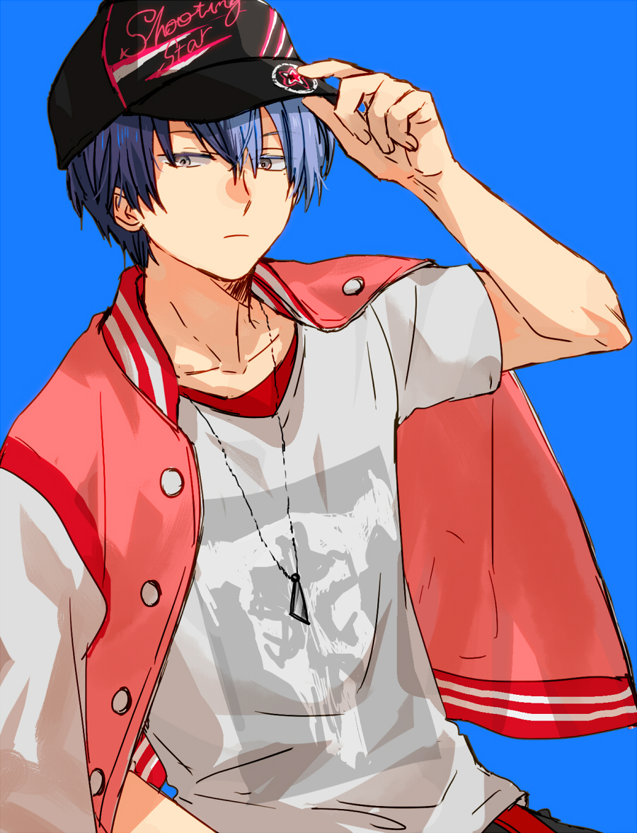 1boy adjusting_clothes adjusting_headwear aoyagi_touya arm_up azusawa_kohane azusawa_kohane_(cosplay) baseball_cap blue_background blue_hair buttons closed_mouth commentary_request cosplay dark_blue_hair grey_eyes hair_between_eyes hat hinata_(ryohinata) jacket jacket_on_shoulders jewelry male_focus mole mole_under_eye multicolored_hair necklace open_clothes open_jacket partial_commentary project_sekai shirt short_sleeves sideways_glance simple_background solo split-color_hair t-shirt upper_body