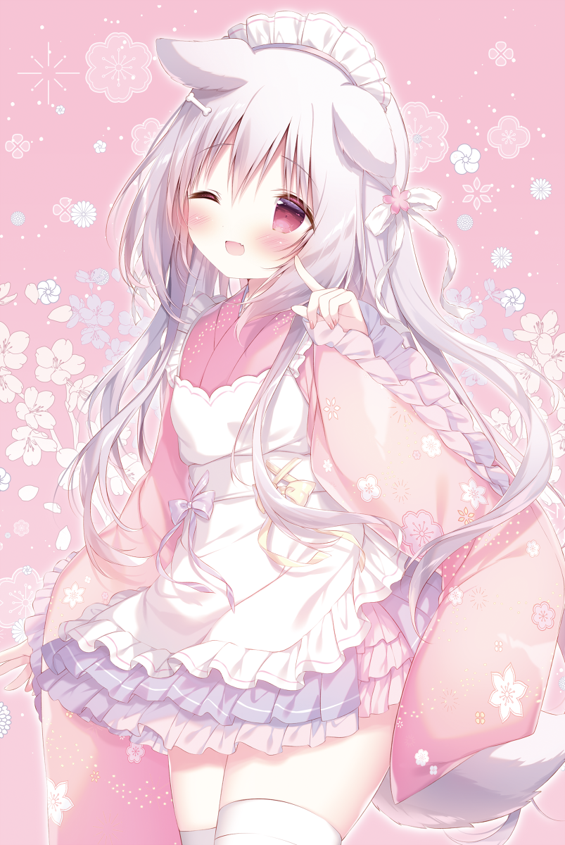 1girl ;d animal_ears apron blush commentary_request dog_ears dog_girl dog_tail floral_background frilled_apron frilled_sleeves frills grey_hair hair_between_eyes hand_up highres japanese_clothes kimono long_sleeves looking_at_viewer maid maid_apron maid_headdress one_eye_closed original pink_background pink_kimono pleated_skirt purple_skirt red_eyes shiratama_(shiratamaco) simple_background skirt sleeves_past_wrists smile solo tail thigh-highs wa_maid white_apron white_thighhighs wide_sleeves