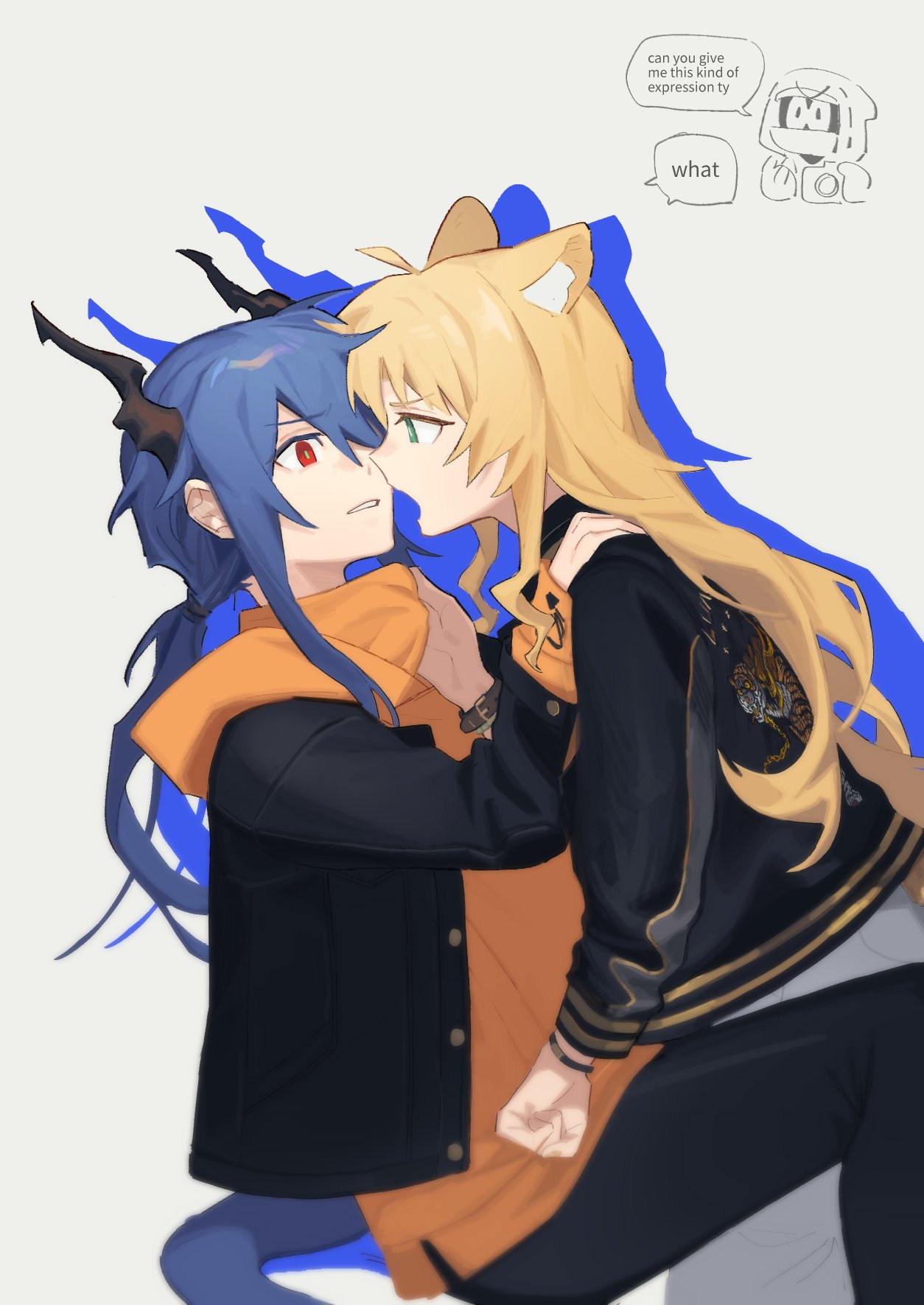 2girls ahoge alternate_costume animal_ears arknights black_jacket black_pants blonde_hair blue_hair blush ch'en_(arknights) closed_eyes clothes_tug doctor_(arknights) english_text face-to-face fang fangs feet_out_of_frame green_eyes hair_between_eyes hand_on_another's_shoulder highres hood hood_down hoodie jacket laughing long_hair long_sleeves low_twintails multiple_girls open_clothes open_jacket open_mouth orange_hoodie pants red_eyes sidelocks speech_bubble sweater sweater_tug swire_(arknights) teeth tiger_ears twintails upper_teeth_only vento