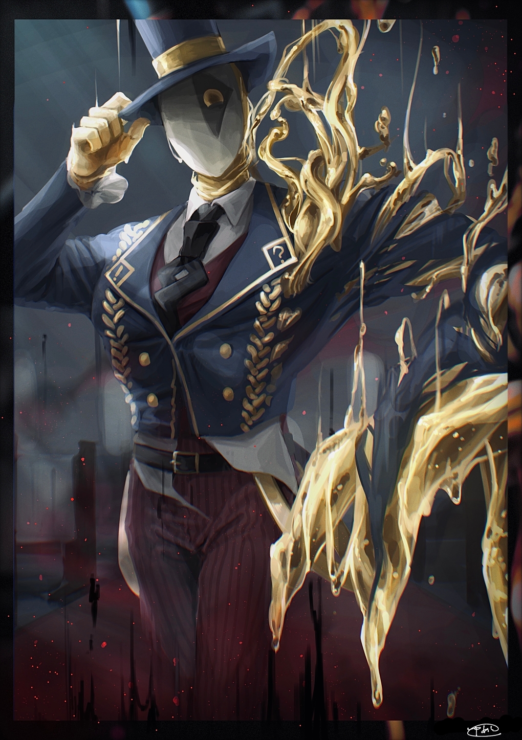 1boy black_necktie brown_pants claws gold gold_trim hand_on_headwear hat highres identity_v jack_(golden_tentacle)_(identity_v) jack_(identity_v) mask necktie pants solo standing striped striped_pants top_hat vertical-striped_pants vertical_stripes yellow_eyes yumeto_(grbr_susk)