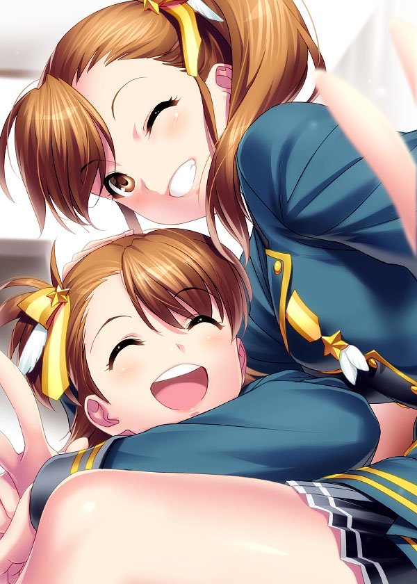 2girls :d ^_^ blurry blush brown_eyes brown_hair close-up closed_eyes commentary_request depth_of_field eyelashes eyes_visible_through_hair futami_ami futami_mami grin hair_between_eyes hair_ornament hair_ribbon idolmaster idolmaster_(classic) indoors long_hair looking_at_viewer multiple_girls one_eye_closed one_side_up open_mouth ponytail ribbon round_teeth short_hair siblings sisters smile star_(symbol) star_hair_ornament teeth twins upper_teeth_only yellow_ribbon zen_(kamuro)