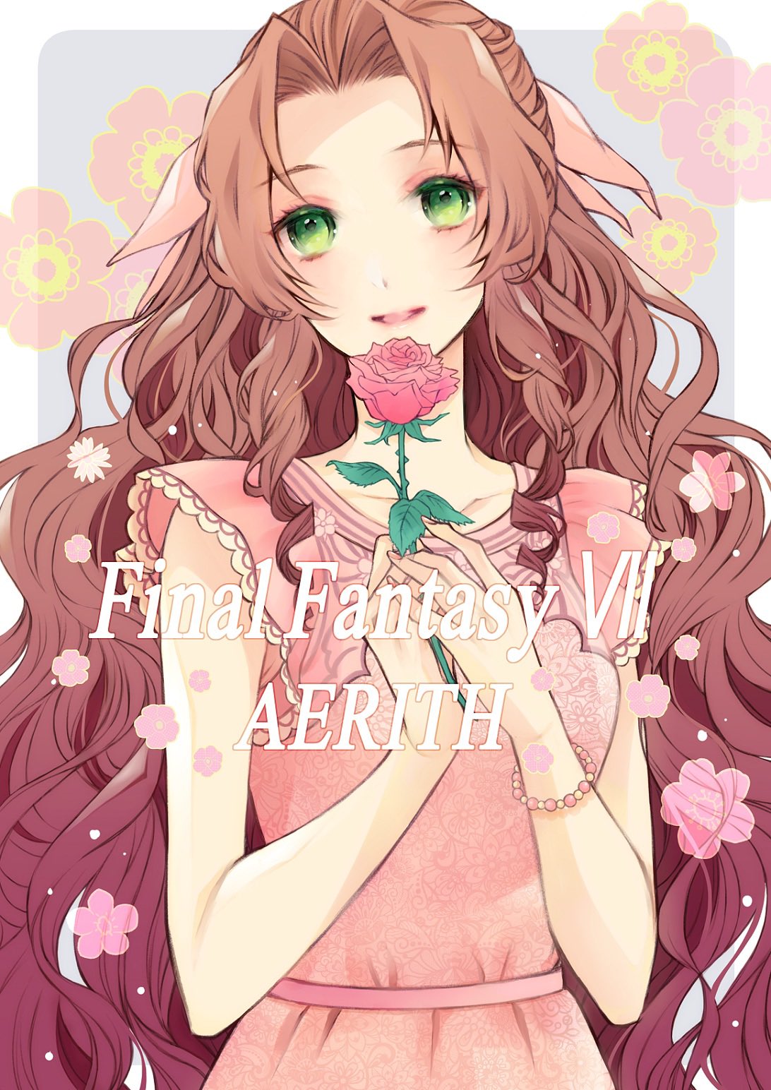 1girl aerith_gainsborough bracelet breasts brown_hair character_name collarbone commentary_request dress final_fantasy final_fantasy_vii final_fantasy_vii_remake floral_background flower green_eyes hair_ribbon highres holding holding_flower jewelry long_hair looking_at_viewer official_alternate_costume official_alternate_hairstyle parted_bangs parted_lips pink_dress pink_ribbon quichi_91 red_flower red_rose ribbon rose sidelocks small_breasts smile solo upper_body wavy_hair