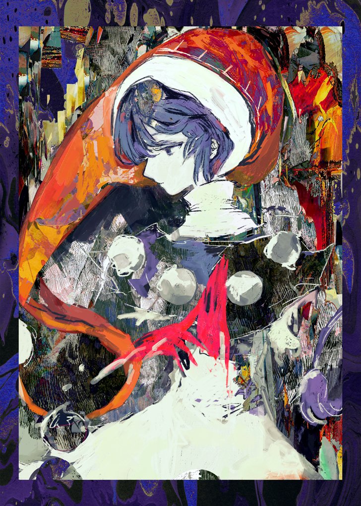 1girl abstract abstract_background anabone black_capelet blending border capelet closed_mouth commentary cowboy_shot doremy_sweet dress expressionless hat high_collar looking_to_the_side nightcap pale_skin pom_pom_(clothes) profile purple_border purple_hair red_headwear short_hair solo symbol-only_commentary touhou violet_eyes white_dress