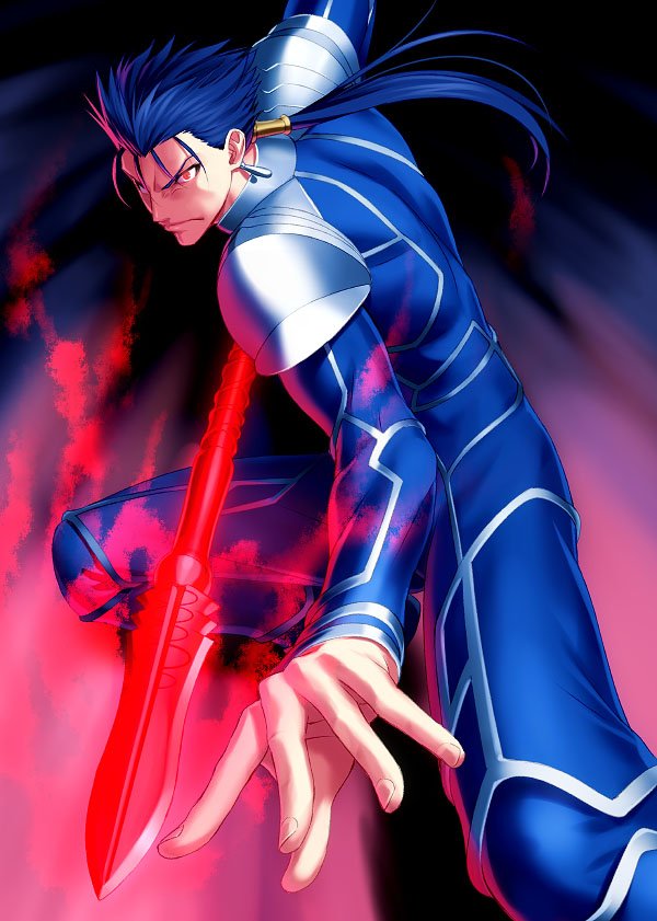 1boy black_background blue_hair closed_mouth commentary_request cu_chulainn_(fate) cu_chulainn_(fate/stay_night) earrings fate/stay_night fate_(series) fighting_stance floating_hair foreshortening glowing glowing_weapon holding holding_polearm holding_weapon jewelry lips long_hair low_ponytail nose polearm red_eyes serious simple_background solo spear standing v-shaped_eyebrows weapon wide-eyed zen_(kamuro)