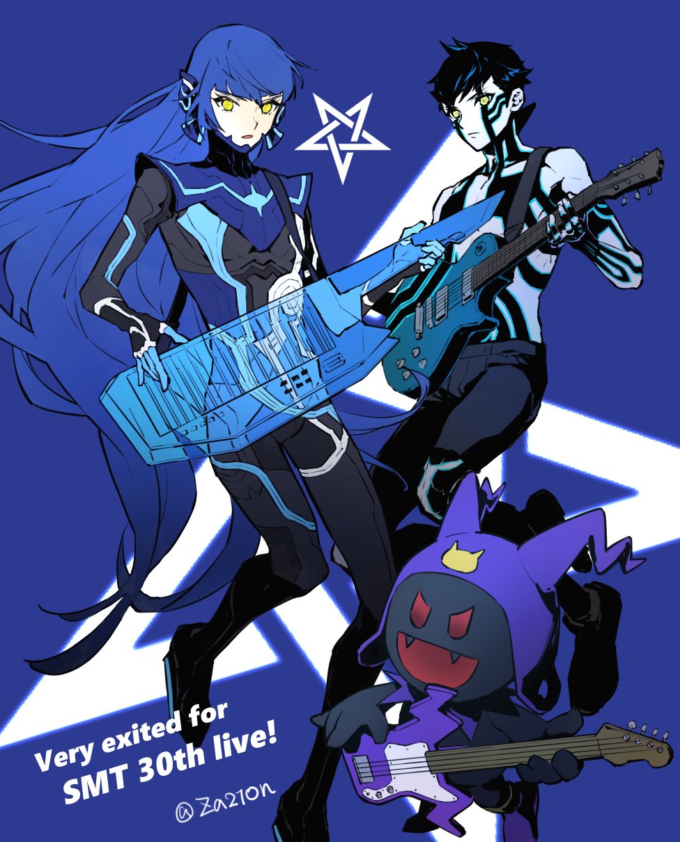 1other 2boys androgynous armor black_frost black_hair black_shorts blue_background blue_hair bodysuit closed_mouth demi-fiend english_text eyelashes fangs full-body_tattoo guitar highres instrument keytar long_hair looking_at_viewer male_focus multiple_boys music parted_lips playing_instrument protagonist_(smtv) shin_megami_tensei shin_megami_tensei_iii:_nocturne shin_megami_tensei_v short_hair shorts simple_background star_(symbol) tattoo topless_male twitter_username very_long_hair yellow_eyes za210n