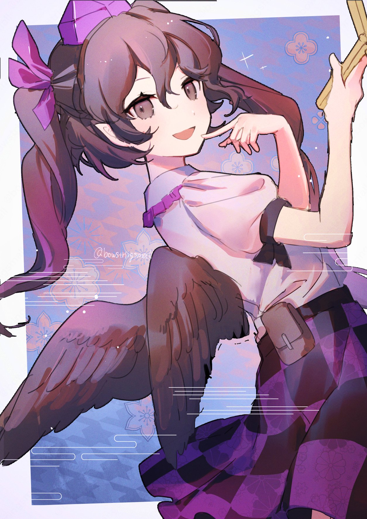 1girl bird_wings black_skirt black_wings brown_eyes brown_hair cellphone checkered_clothes checkered_skirt feathered_wings hair_between_eyes hat highres himekaidou_hatate holding holding_phone long_hair oito_(bowstringsmall) one-hour_drawing_challenge open_mouth phone purple_headwear purple_skirt shirt short_sleeves skirt smile solo tokin_hat touhou twintails twitter_username white_shirt wings