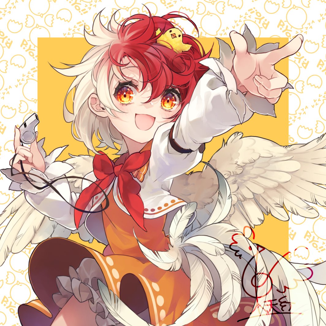 1girl artist_logo bird bloomers chick cowboy_shot dress feathered_wings fingernails hair_between_eyes holding jacket long_sleeves medium_hair multicolored_hair niwatari_kutaka open_mouth orange_dress outstretched_arm pointing red_eyes redhead smile solo touhou toutenkou two-tone_hair underwear whistle white_bloomers white_hair white_jacket wings yellow_background