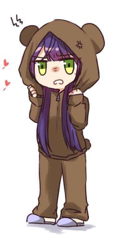 1girl anger_vein animal_hood annoyed assault_lily bear_hood blush brown_hoodie brown_pants chibi clenched_teeth commentary full_body funada_kiito grey_footwear hands_up heart hood hood_up hoodie lightning_bolt_symbol long_hair long_sleeves looking_at_viewer mole mole_under_eye nigari_(ngari_0115) nose_blush pants parted_lips purple_hair simple_background sleeves_past_wrists slippers solo standing symbol-only_commentary teeth v-shaped_eyebrows white_background zipper_pull_tab