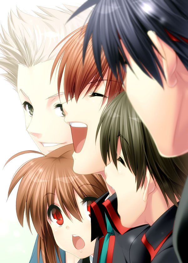 1girl 4boys ^_^ ahoge black_hair blurry brown_hair close-up closed_eyes commentary_request depth_of_field from_side grey_eyes grey_hair hair_between_eyes inohara_masato laughing light_blush little_busters! long_hair looking_at_another miyazawa_kengo multiple_boys naoe_riki natsume_kyousuke natsume_rin open_mouth parted_lips profile red_eyes short_hair simple_background smile teeth upper_teeth_only white_background zen_(kamuro)
