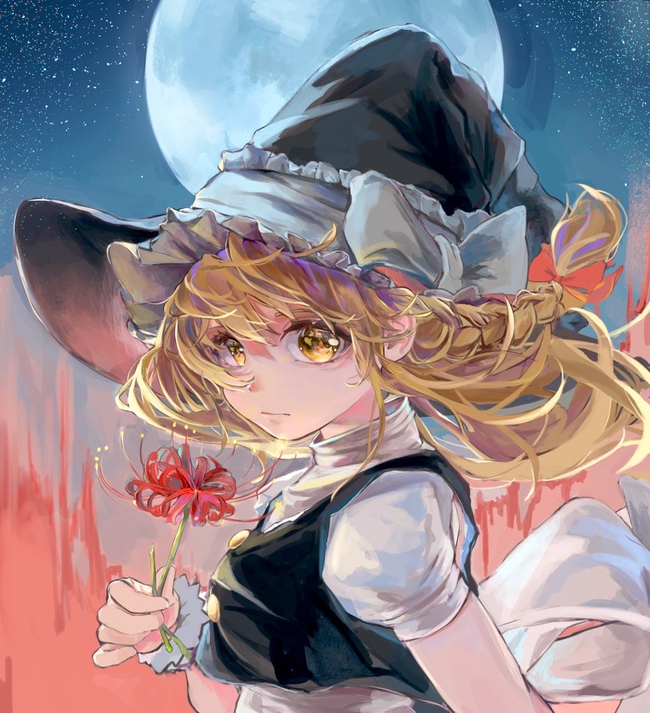 1girl back_bow black_headwear black_vest blonde_hair bow braid breasts closed_mouth flower from_side full_moon hat hat_bow holding holding_flower kirisame_marisa large_hat long_hair looking_at_viewer looking_to_the_side moon mugi_0 puffy_short_sleeves puffy_sleeves red_flower shirt short_sleeves single_braid sky small_breasts solo spider_lily star_(sky) starry_sky touhou upper_body vest white_bow white_shirt witch_hat yellow_eyes