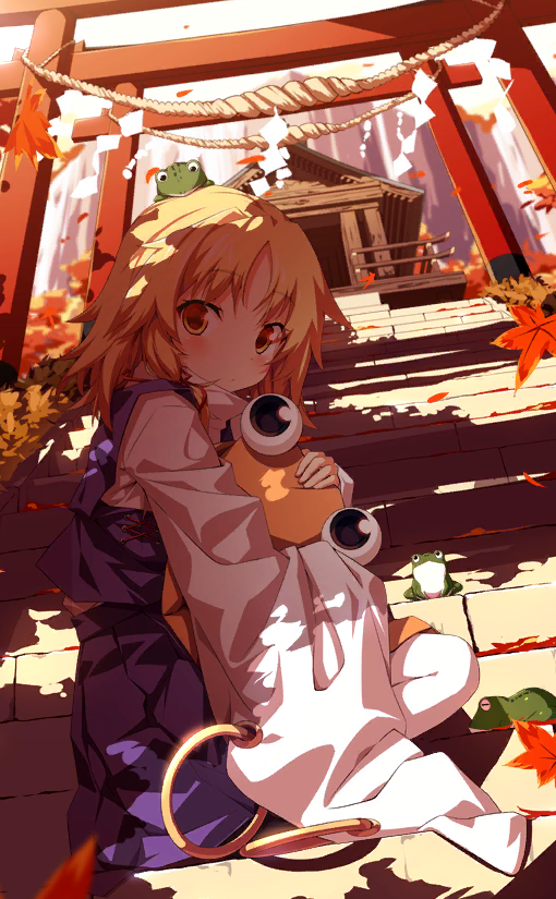 1girl animal_on_head autumn_leaves blonde_hair blush brown_headwear bush eyelashes falling_leaves frog hair_ribbon hat headwear_removed holding holding_clothes holding_hat jewelry leaf light_frown long_sleeves looking_at_viewer miniskirt moriya_shrine moriya_suwako multiple_torii official_art on_head outdoors purple_skirt purple_vest red_ribbon ribbon ring shadow shirt short_hair sidelocks skirt squatting stairs third-party_source torii touhou touhou_cannonball turtleneck ugume vest water waterfall white_shirt wide_sleeves yellow_eyes