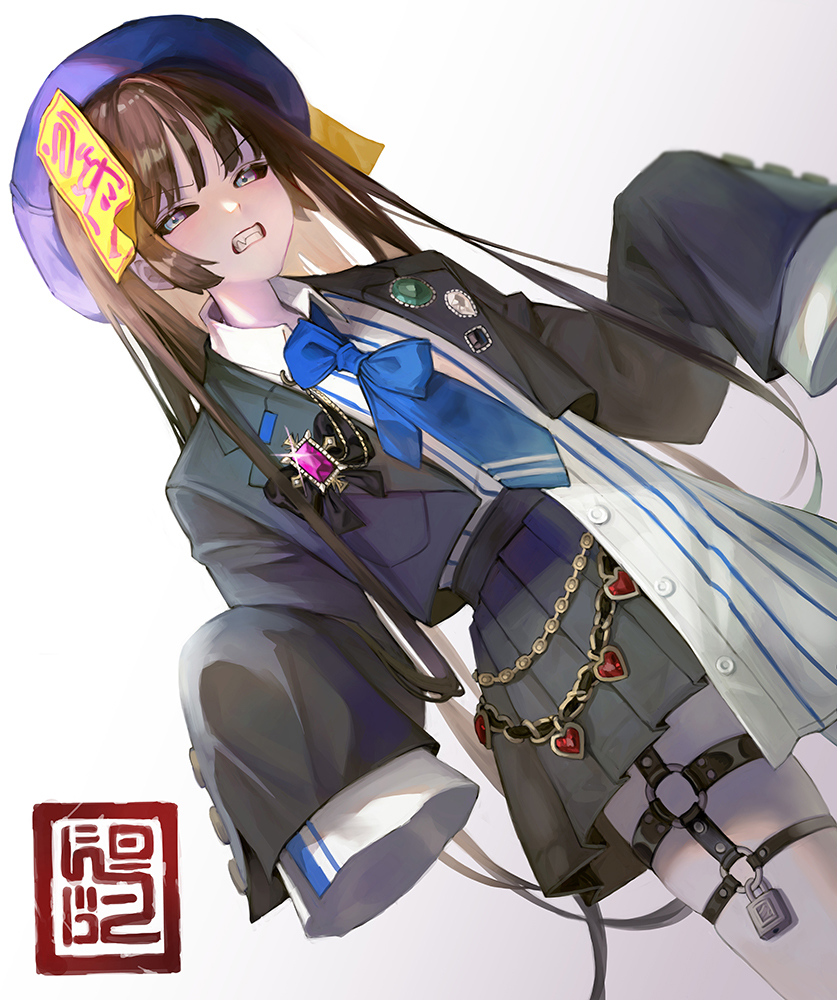 1girl black_jacket black_sclera black_skirt blue_headwear blunt_bangs bow bowtie chinese_clothes collared_shirt colored_sclera cowboy_shot dress fangs grey_eyes hat jacket jiangshi jiangshi_costume long_hair long_sleeves looking_at_viewer ofuda open_clothes open_jacket open_mouth original oto1_030 outstretched_arms pantyhose pleated_skirt qing_guanmao ribbon shirt simple_background skirt sleeves_past_wrists smile solo standing talisman teeth very_long_hair white_background white_shirt