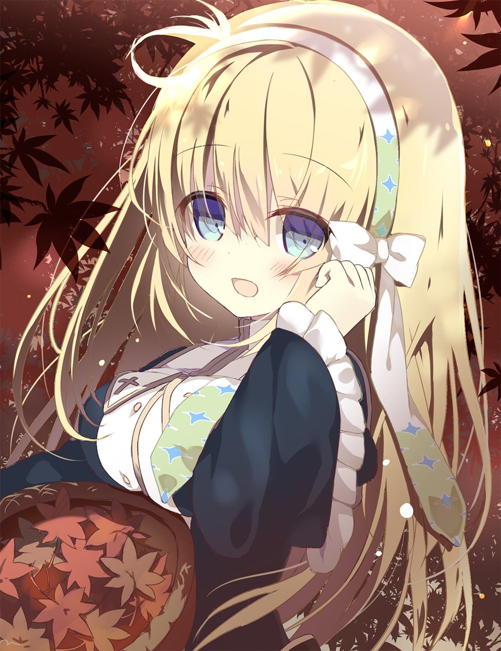 1girl :d artist_request autumn autumn_leaves basket black_dress blonde_hair blush breasts brown_background commentary_request dappled_sunlight dress eyes_visible_through_hair frilled_sleeves frills hair_between_eyes hairband hand_up harmonia_(key) highres holding holding_basket juliet_sleeves large_breasts leaf long_hair long_sleeves maple_leaf nun open_mouth outdoors puffy_sleeves second-party_source shiona_(harmonia) simple_background smile solo sunlight upper_body very_long_hair white_hairband wide_sleeves