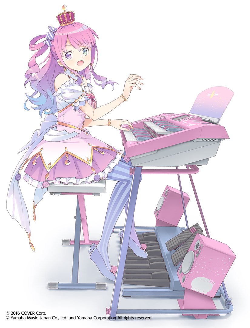 1girl blue_hair bracelet breasts candy_hair_ornament commentary_request copyright crown dress food-themed_hair_ornament from_side gradient_hair green_eyes hair_ornament heterochromia himemori_luna himemori_luna_(1st_costume) hololive instrument jewelry kanzaki_hiro keyboard_(instrument) looking_at_viewer medium_breasts mini_crown multicolored_hair official_art one_side_up pedal_(instrument) pink_dress pink_hair solo speaker striped striped_thighhighs thigh-highs vertical-striped_thighhighs vertical_stripes violet_eyes virtual_youtuber