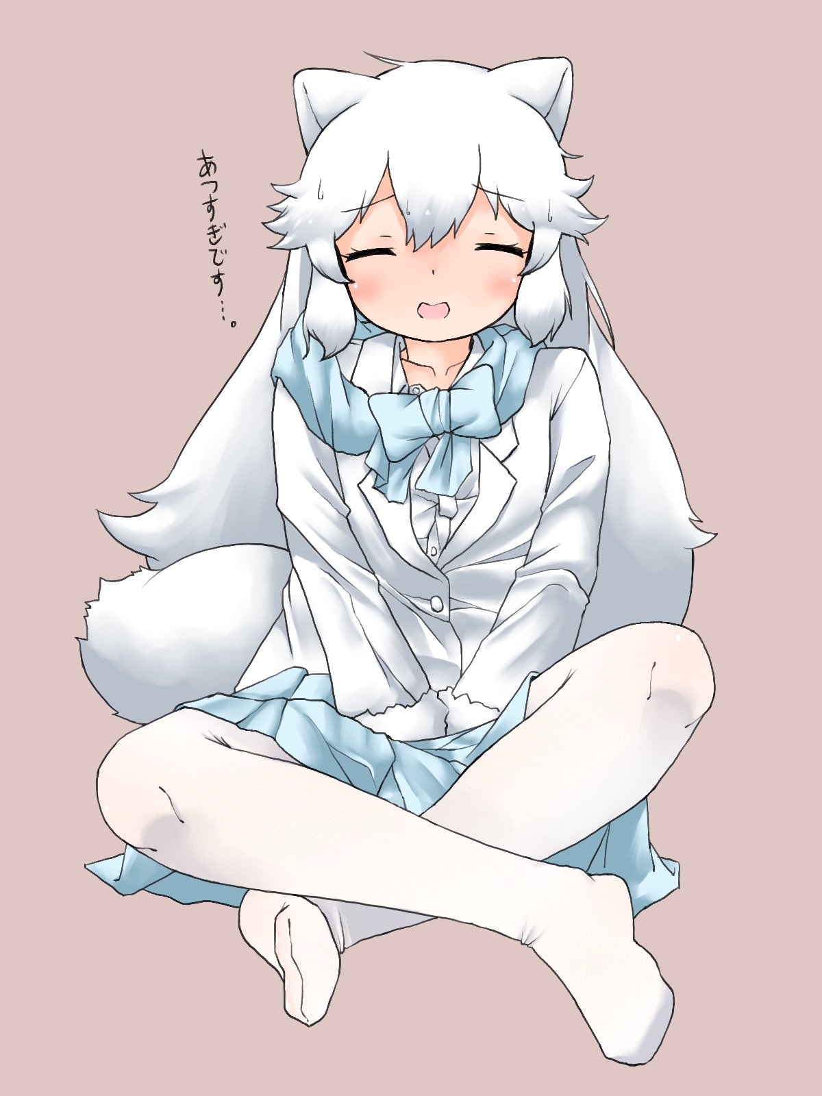 1girl animal_ears arctic_fox_(kemono_friends) blue_bow blue_bowtie blue_skirt blush bow bowtie closed_eyes coat collared_shirt crossed_legs fox_ears fox_girl fox_tail fur_trim hair_between_eyes hands_on_lap highres kemono_friends long_hair long_sleeves loose_bowtie no_shoes pantyhose pleated_skirt shirt sidelocks sitting skirt solo sweatdrop tail translation_request uf34a white_coat white_fur white_hair white_pantyhose white_shirt