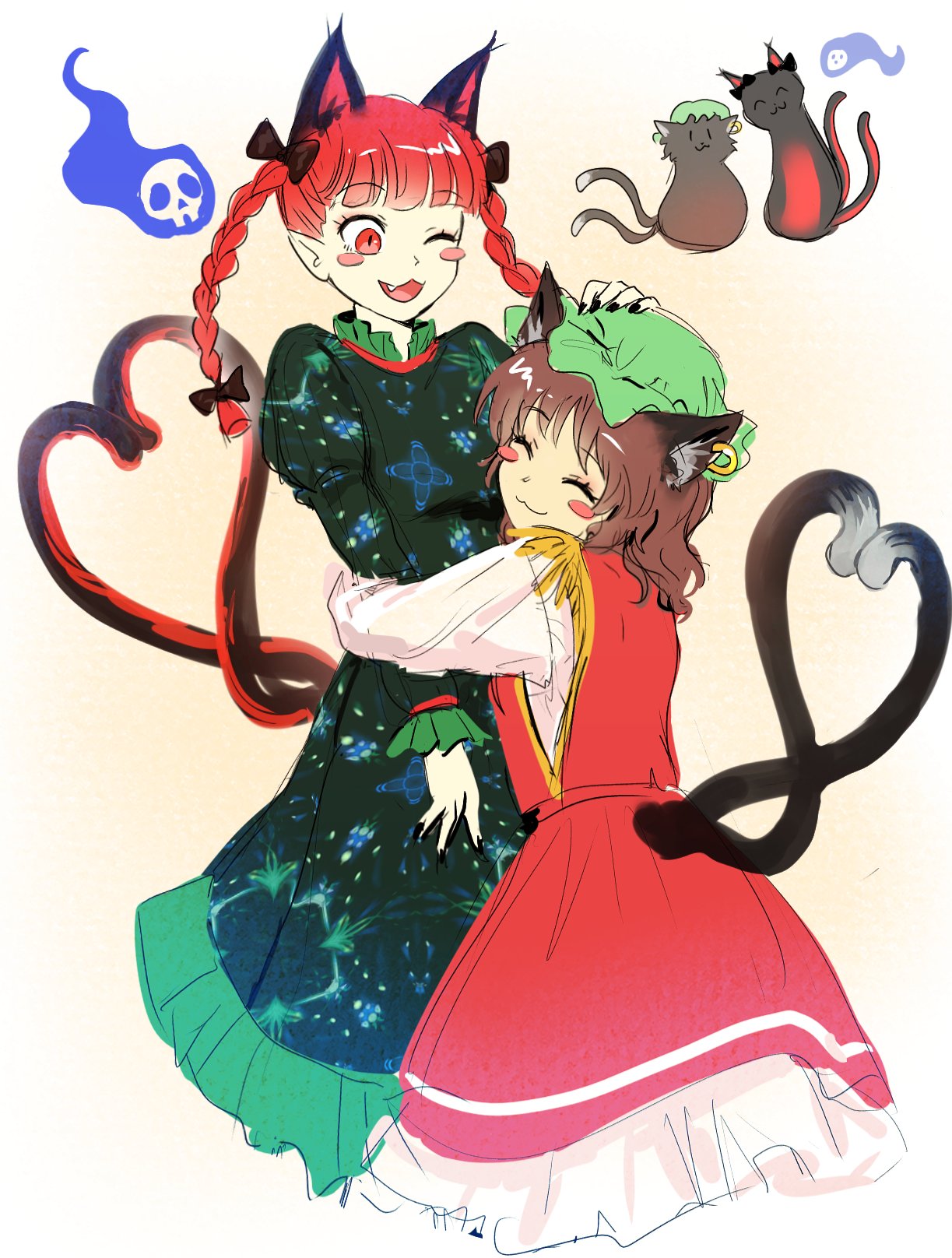 2girls ;3 ;d animal_ears black_bow blunt_bangs blunt_tresses blush_stickers bow brown_hair cat_ears cat_tail chen chen_(cat) closed_eyes commentary dress english_commentary extra_ears friends green_dress hair_bow hair_ribbon heart heart_tail height_difference highres himuhino hug juliet_sleeves kaenbyou_rin kaenbyou_rin_(cat) long_hair long_sleeves looking_at_another medium_hair multiple_girls multiple_tails nekomata one_eye_closed open_mouth pointy_ears puffy_sleeves red_dress red_eyes redhead ribbon simple_background smile tail touhou tress_ribbon two_tails white_background yuri