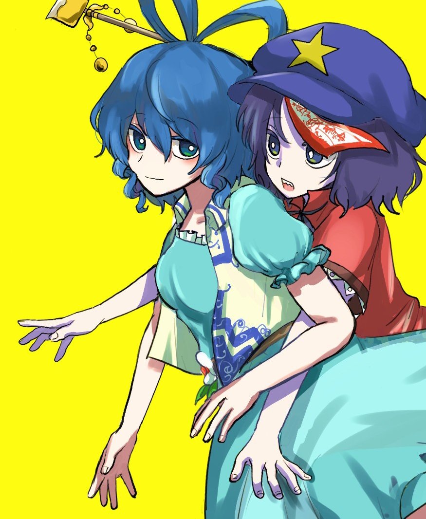 2girls black_eyes black_ribbon blue_dress blue_eyes blue_hair breasts cabbie_hat closed_mouth collared_vest commentary_request cowboy_shot dress fangs hair_between_eyes hair_ornament hair_rings hair_stick hat hat_ornament jiangshi kaku_seiga lace-trimmed_sleeves lace_trim long_bangs looking_at_another looking_at_viewer medium_bangs medium_breasts miyako_yoshika multiple_girls neck_ribbon ofuda open_clothes open_mouth open_vest puffy_short_sleeves puffy_sleeves purple_hair purple_headwear red_shirt ribbon ryoku_3 shirt short_hair short_sleeves simple_background smile star_(symbol) star_hat_ornament touhou vest white_vest yellow_background