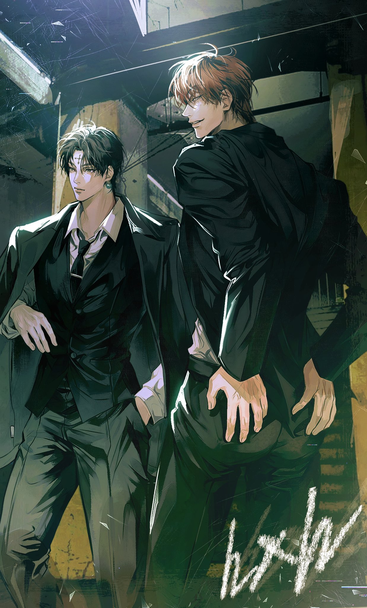 2boys architecture black_hair black_jacket black_necktie black_pants black_suit chrollo_lucilfer collared_shirt cropped_legs cross_tattoo earrings expressionless facial_mark forehead_mark formal hair_between_eyes hair_down hand_in_pocket hands_on_own_ass highres hisoka_morow hunter_x_hunter indoors jacket jewelry male_focus multiple_boys necktie pants parted_bangs redhead shirt short_hair smile soyung_pi standing suit white_shirt