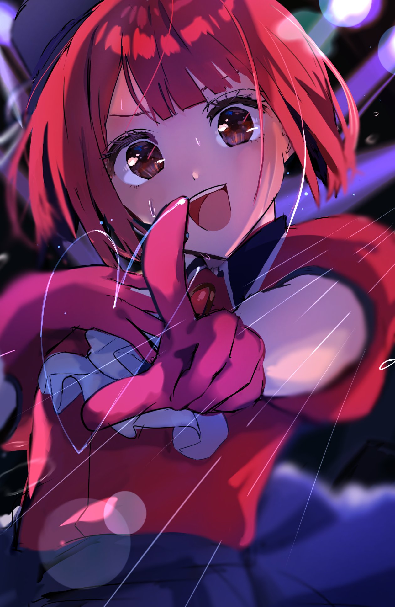 arima_kana black_headwear dress gloves happy hat highres idol idol_clothes looking_at_viewer ogg4e open_mouth oshi_no_ko pink_gloves red_dress red_eyes redhead short_hair