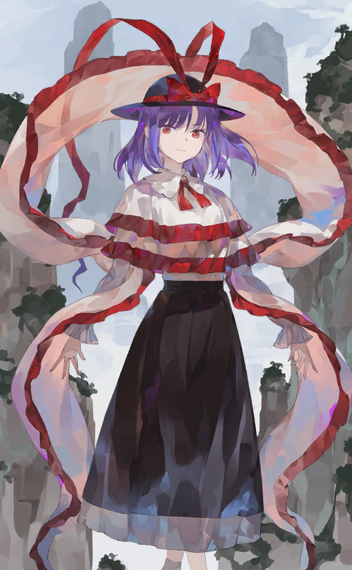 1girl asymmetrical_bangs black_headwear black_skirt blue_hair bow breasts capelet closed_mouth clouds cloudy_sky collar eyelashes frilled_capelet frilled_skirt frilled_sleeves frills grass grey_socks hat hat_bow hat_ribbon layered_capelet long_sleeves medium_breasts nagae_iku official_art outdoors red_bow red_eyes red_ribbon ribbon rock shihou_(g-o-s) shirt skirt sky smile socks third-party_source touhou touhou_cannonball white_capelet white_collar white_shirt