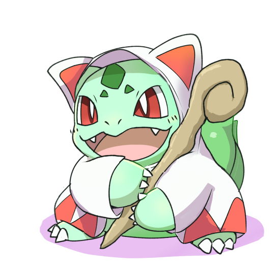 animal_focus bright_pupils bulbasaur claws clothed_pokemon cosplay crossover fangs final_fantasy holding holding_staff long_sleeves no_humans open_mouth pokemon pokemon_(creature) red_eyes robe simple_background solo staff white_background white_mage white_mage_(cosplay) white_pupils white_robe zeruri