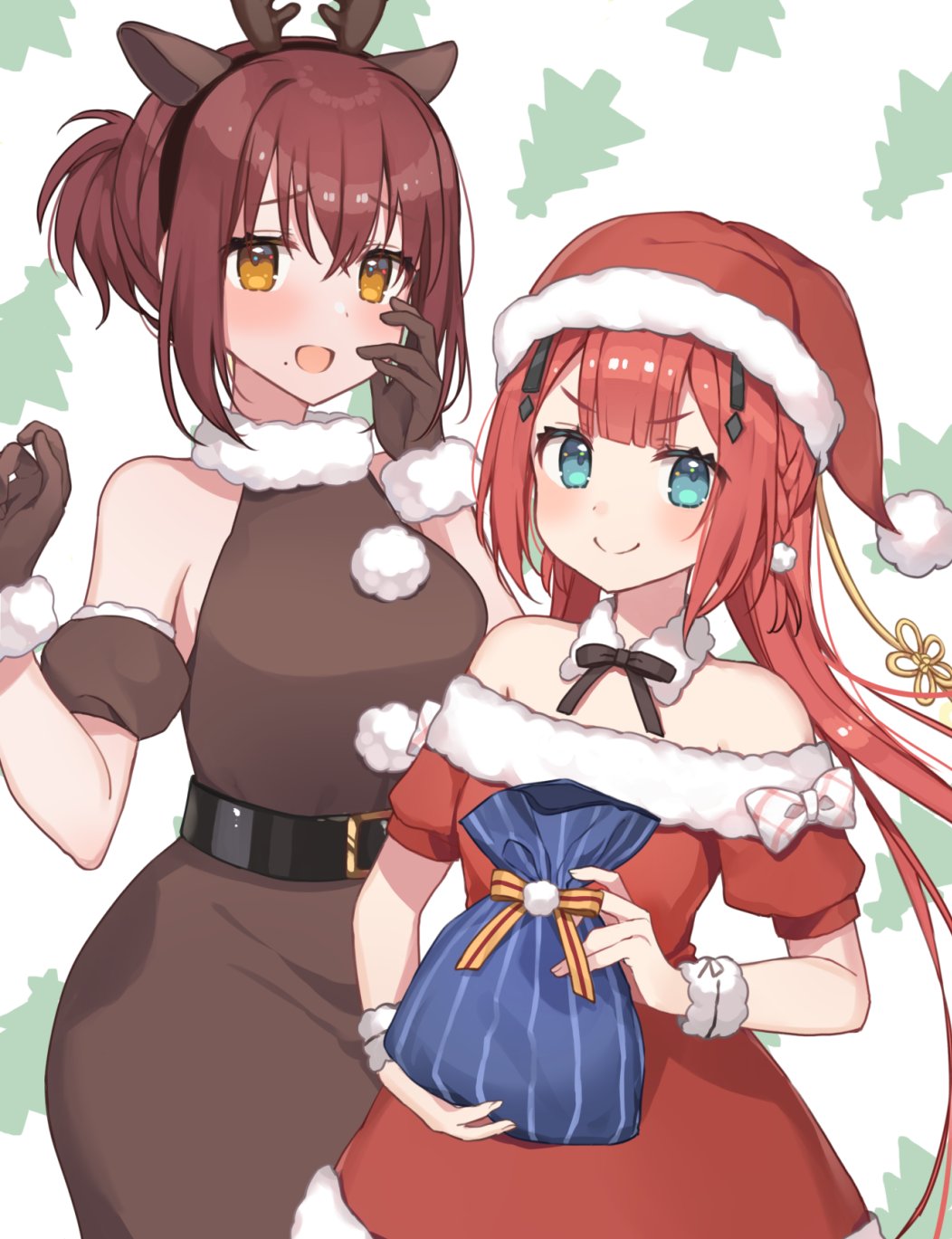 &gt;:) 2girls :d animal_costume animal_ears antlers bag bare_shoulders belt black_belt black_hairband blunt_bangs blush braid brown_dress brown_gloves brown_hair christmas christmas_tree_print closed_mouth commentary_request cowboy_shot crossed_bangs deer_ears dress eyelashes eyes_visible_through_hair fake_animal_ears fake_horns fur-trimmed_dress fur-trimmed_gloves fur_trim furrowed_brow gift_bag gloves hair_between_eyes hair_ornament hair_ribbon hairband hairclip hand_on_own_cheek hand_on_own_face hands_up hat highres holding holding_bag horns kamiyama_shiki long_hair looking_at_viewer medium_hair misaki_kyouko_(summer_pockets) mole mole_under_mouth multiple_girls open_mouth pom_pom_(clothes) ponytail puffy_short_sleeves puffy_sleeves redhead reindeer_antlers reindeer_costume ribbon santa_dress santa_hat short_sleeves shy side_braid simple_background smile smug standing summer_pockets v-shaped_eyebrows very_long_hair white_background white_fur yellow_ribbon yushima