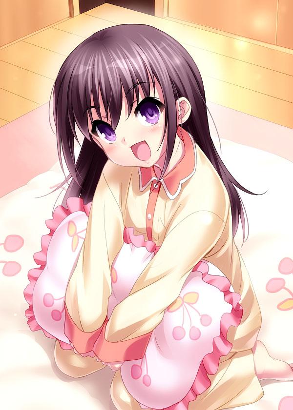1girl :d barefoot black_hair charlotte_(anime) commentary_request female_child frilled_pillow frills hair_between_eyes head_tilt indoors light_blush long_hair long_sleeves looking_at_viewer object_hug open_mouth otosaka_ayumi pajamas pillow pillow_hug sitting smile solo violet_eyes wariza yellow_pajamas zen_(kamuro)