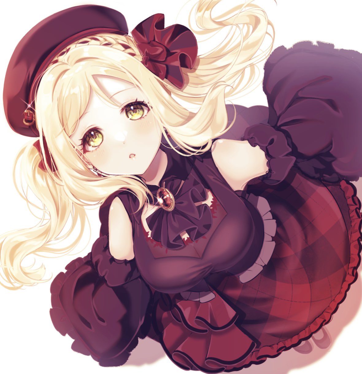 1girl alternate_hairstyle ascot blonde_hair braid breasts brooch chestnut_mouth commentary crown_braid detached_sleeves eyelashes flat_cap from_above hair_ornament hat highres jewelry long_hair looking_at_viewer love_live! love_live!_sunshine!! medium_breasts nky4321 ohara_mari parted_lips plaid plaid_skirt red_headwear red_shirt red_skirt shirt shooting_star_warrior_(love_live!) simple_background single_bang skirt sleeveless sleeveless_shirt solo tareme twintails white_background yellow_eyes