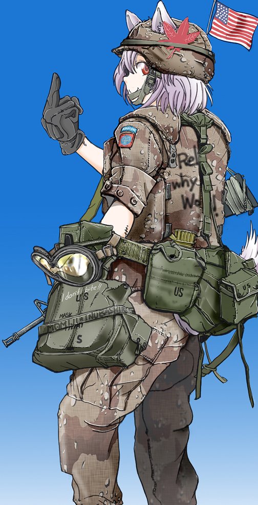 american_flag ammunition_pouch animal_ears assault_rifle combat_helmet flag gun helmet holding holding_gun holding_weapon holstered inubashiri_momiji middle_finger nakamura_3sou pouch red_eyes rifle short_hair tactical_clothes tail touhou weapon wolf_ears wolf_girl wolf_tail