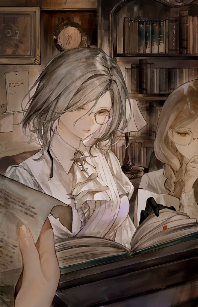2girls black_gloves book braid character_request clock finger_to_mouth glasses gloves grey_eyes grey_hair hair_between_eyes holding holding_paper lamp long_hair medium_hair moaomao_mo multiple_girls painting_(object) pale_skin paper parted_bangs parted_lips path_to_nowhere picture_frame reading serious shelving_book shirt sidelocks single_braid white_shirt