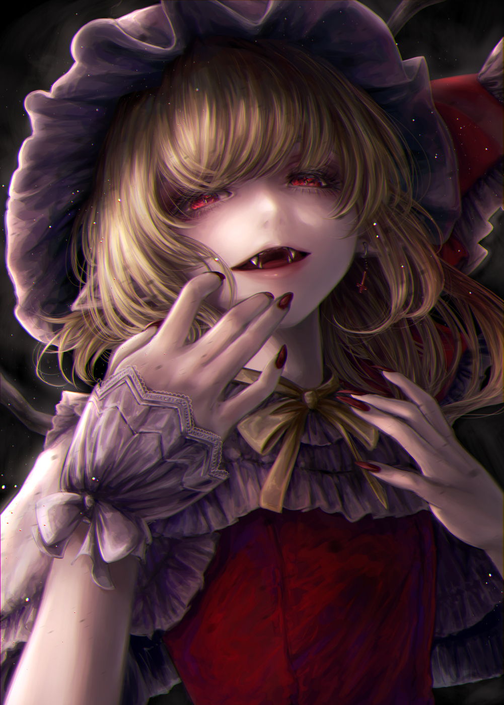 1girl \||/ adapted_costume blonde_hair eyebrows_hidden_by_hair eyelashes fangs flandre_scarlet flat_chest from_below hands_up hat highres light_particles long_hair looking_at_viewer mizuhichi mob_cap nail_polish open_mouth pointy_ears red_eyes red_vest smile solo swept_bangs touhou upper_body vampire vest wings wrist_cuffs