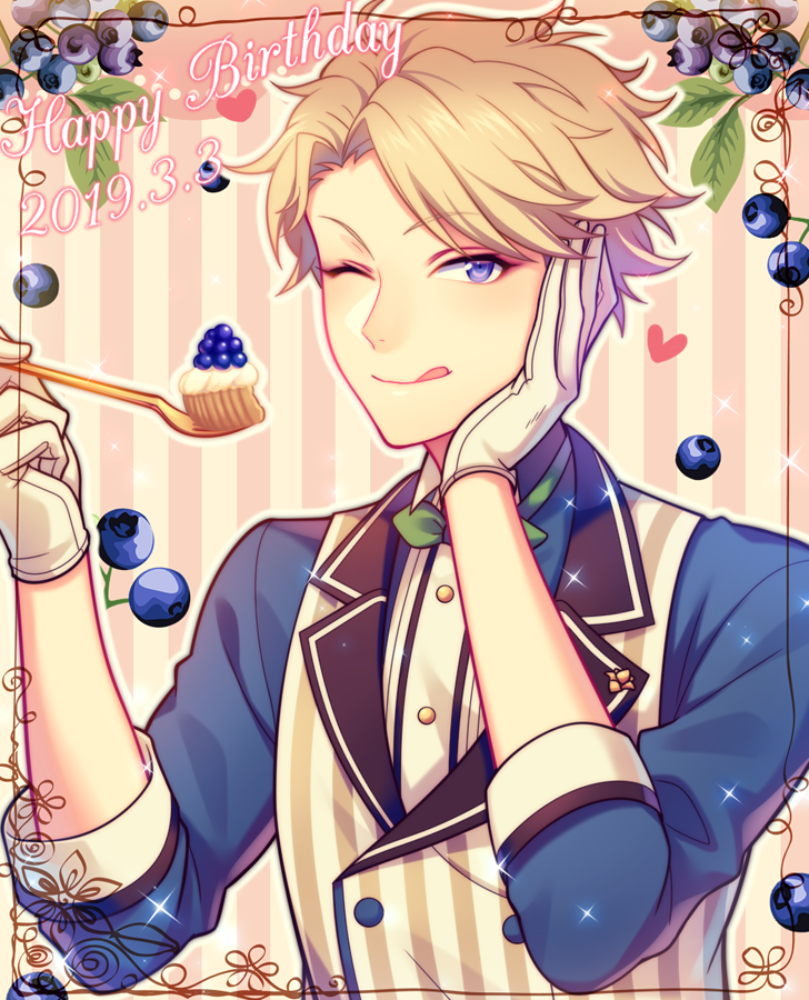 1boy blonde_hair blueberry buttons chi_yu commentary_request dated ensemble_stars! food fork fruit gloves hand_on_own_face hands_up happy_birthday heart holding holding_fork lapels leaf long_sleeves looking_at_viewer male_focus narukami_arashi notched_lapels one_eye_closed short_hair sleeves_past_elbows solo striped striped_vest tongue tongue_out upper_body vertical-striped_vest vertical_stripes vest violet_eyes white_gloves