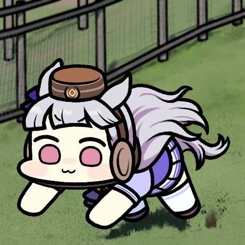1girl :3 all_fours animal_ears blunt_bangs bow brown_footwear brown_headwear chibi commentary ear_bow fence gold_ship_(umamusume) grey_hair headgear horse_ears horse_girl horse_tail jazz_jack long_hair lowres on_grass outdoors photo-referenced pillbox_hat pink_eyes pleated_skirt pose_imitation puffy_short_sleeves puffy_sleeves purple_bow running school_uniform short_sleeves skirt solo summer_uniform tail thigh-highs tracen_school_uniform umamusume white_thighhighs wide_face