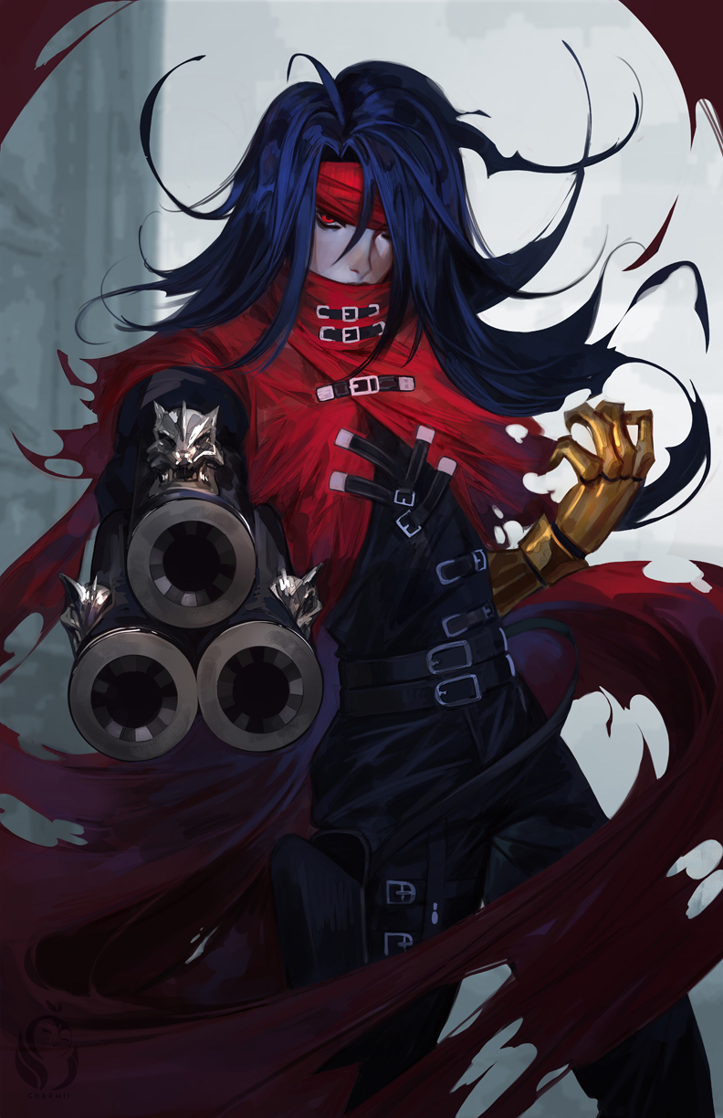 1boy belt black_pants black_shirt blue_hair charmiisan clawed_gauntlets cloak covered_mouth cowboy_shot final_fantasy final_fantasy_vii hair_over_one_eye headband highres long_hair male_focus multiple_belts pants pointing pointing_at_viewer pointing_gun red_cloak red_eyes red_headband shirt solo torn_cloak torn_clothes vincent_valentine