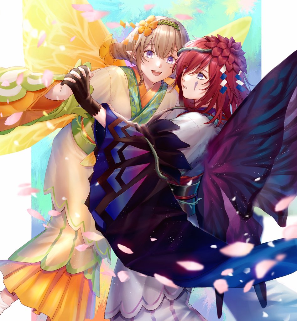 2girls ai_tkkm blonde_hair fairy_wings fire_emblem fire_emblem_heroes hair_between_eyes hair_over_one_eye holding_hands japanese_clothes kimono multiple_girls official_alternate_costume peony_(fire_emblem) peony_(new_year)_(fire_emblem) purple_hair siblings sisters triandra_(fire_emblem) triandra_(new_year)_(fire_emblem) violet_eyes wings yukata