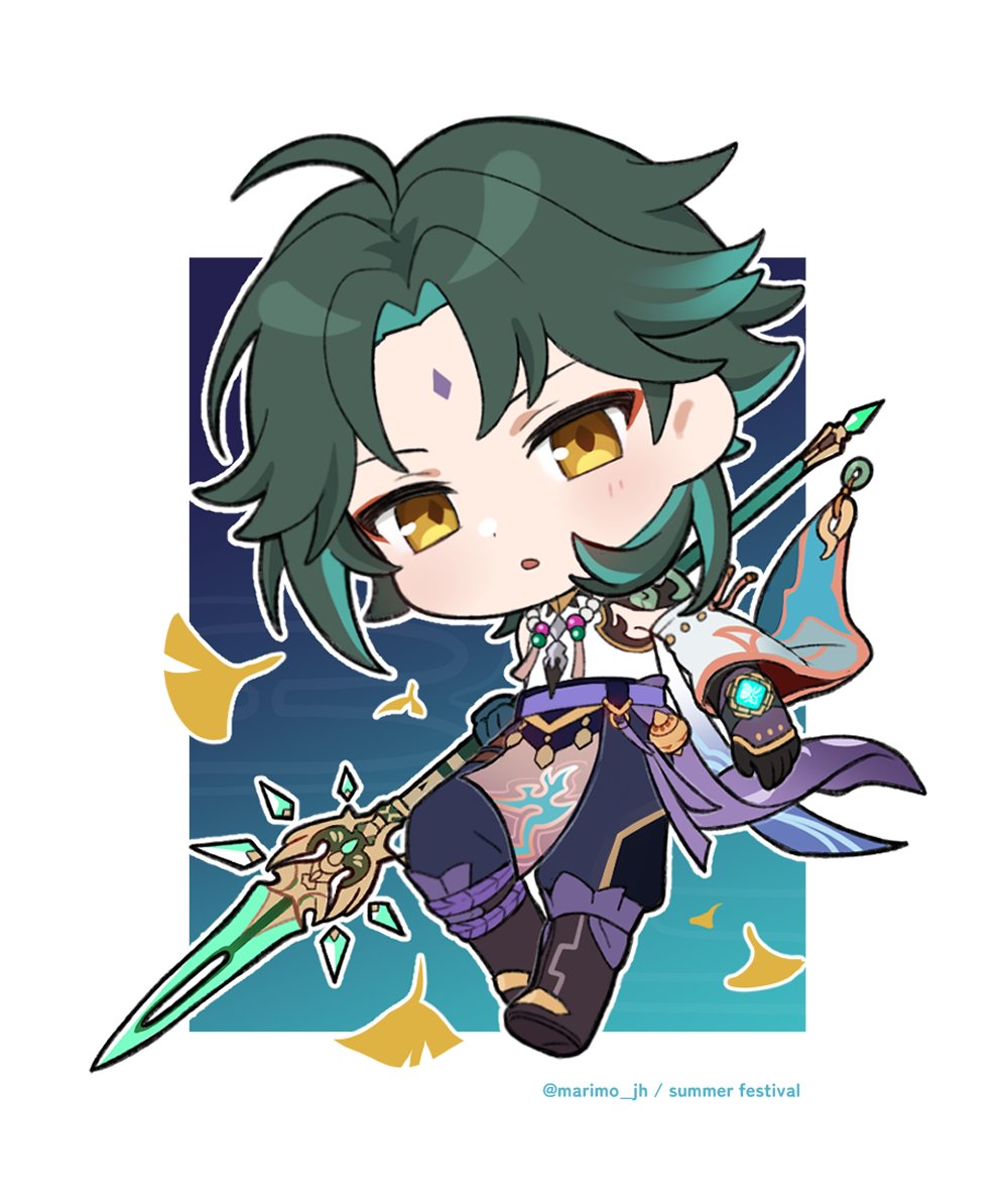 1boy ahoge bead_necklace beads black_gloves blue_pants boots brown_footwear chibi detached_sleeves facial_mark forehead_mark full_body genshin_impact ginkgo_leaf gloves green_hair holding holding_polearm holding_weapon jewelry leaf long_sleeves looking_at_viewer male_focus marimo_jh necklace pants parted_bangs parted_lips polearm primordial_jade_winged-spear_(genshin_impact) shirt sidelocks solo spear weapon white_shirt wide_sleeves xiao_(genshin_impact) yellow_eyes