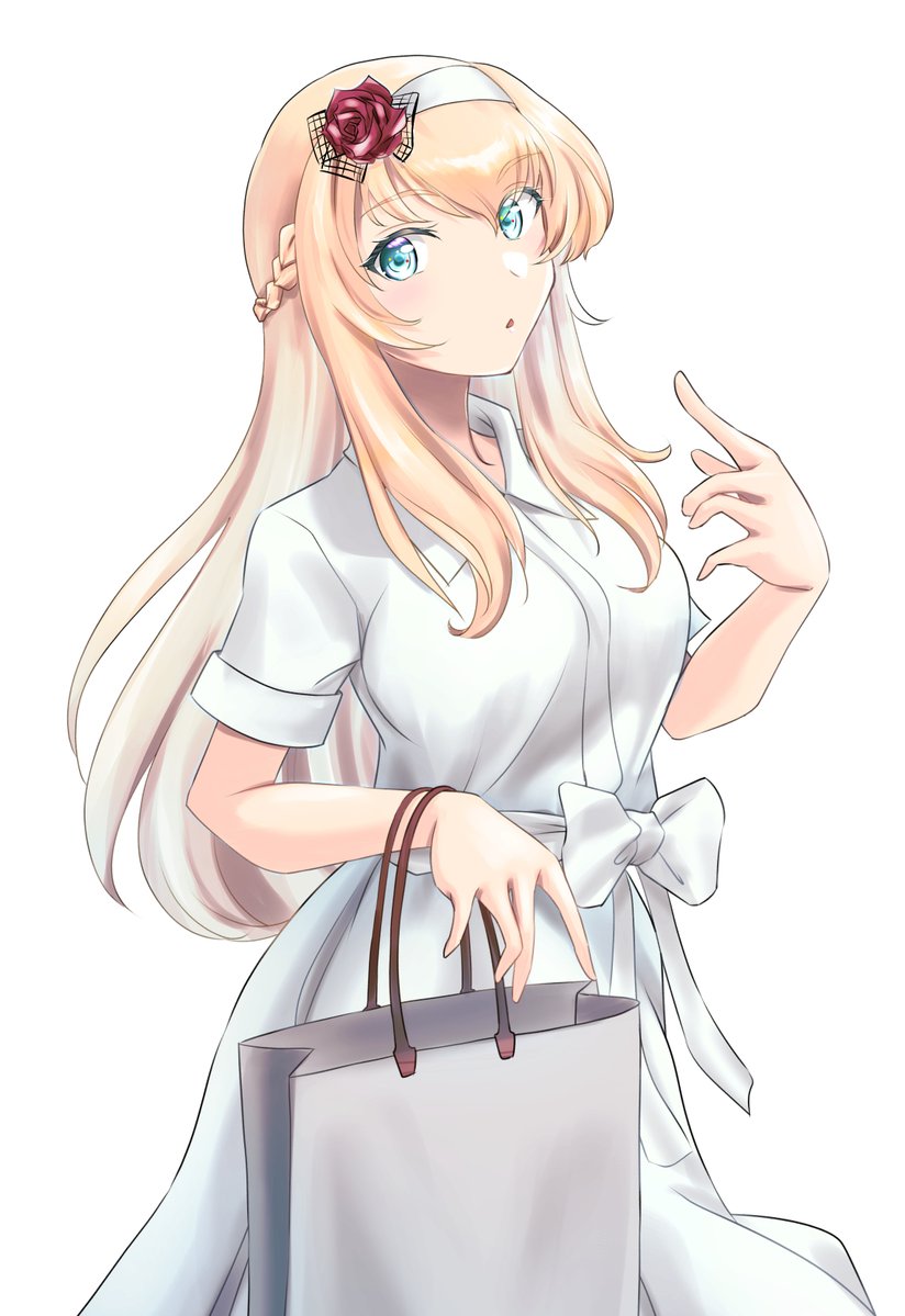 1girl bag blonde_hair blue_eyes braid commentary_request cowboy_shot dress french_braid hairband kantai_collection long_hair looking_at_viewer official_alternate_costume shopping_bag simple_background smile solo tsukasa_(tukasa_br) warspite_(kancolle) white_background white_dress white_hairband